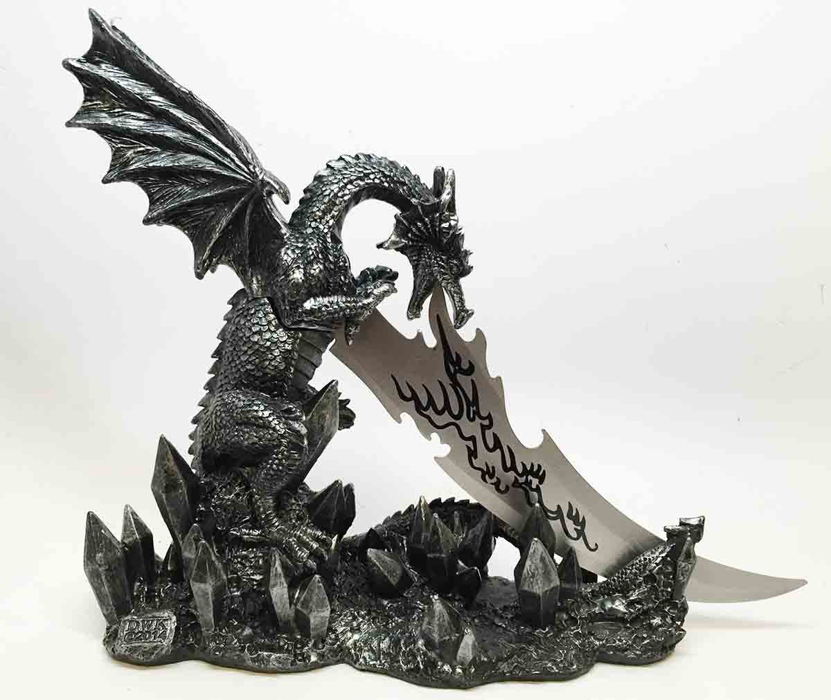 Ebros Medieval Dreamwork Fantasy Dragon Fire Breath Dagger Letter Opener Knife With Base Holder Statue Home Office Decor Figurine Dungeons And Dragons GOT Obsidian Blade