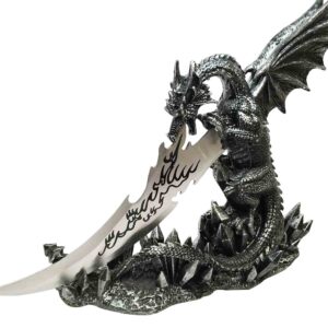 Ebros Medieval Dreamwork Fantasy Dragon Fire Breath Dagger Letter Opener Knife With Base Holder Statue Home Office Decor Figurine Dungeons And Dragons GOT Obsidian Blade