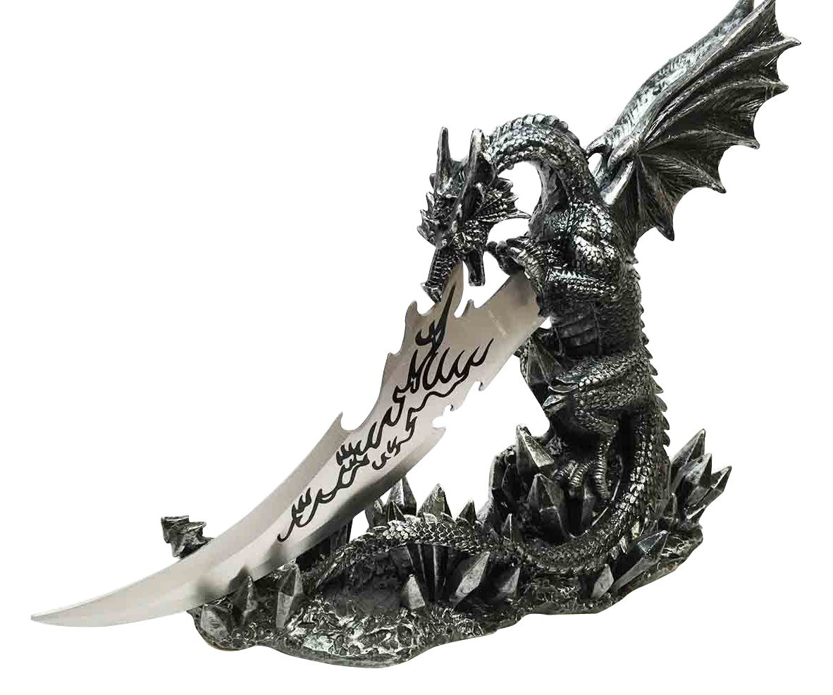 Ebros Medieval Dreamwork Fantasy Dragon Fire Breath Dagger Letter Opener Knife With Base Holder Statue Home Office Decor Figurine Dungeons And Dragons GOT Obsidian Blade