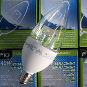 (case of 6) tcp led5e12b1127k 5-watt led e12 chandelier base 2700k dimmable lamp - blunt tip