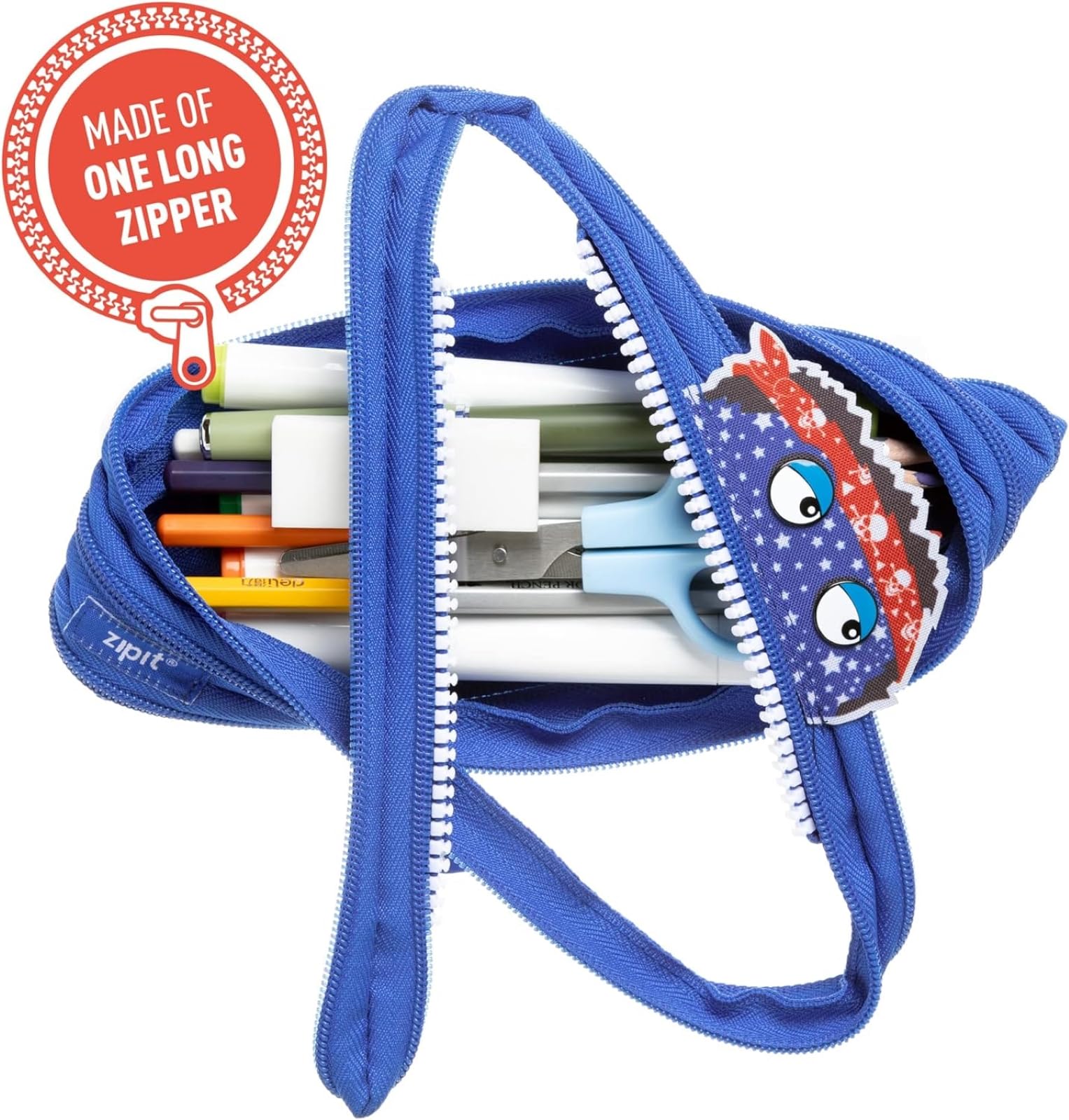 ZIPIT Monstar Pencil Case for Boys, Holds Up to 30 Pens, Machine Washable, Made of One Long Zipper! (Blue)