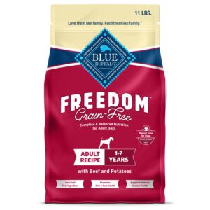 blue buffalo freedom grain-free dry dog food, complete & balanced nutrition for adult dogs, made in the usa with natural ingredients, beef & potatoes, 11-lb. bag