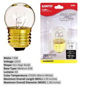 Satco S3794 7.5 Watt S11 Incandescent Bulb – Clear, Medium Base, 2700K Warm White, 40 Lumens - 20 Pack