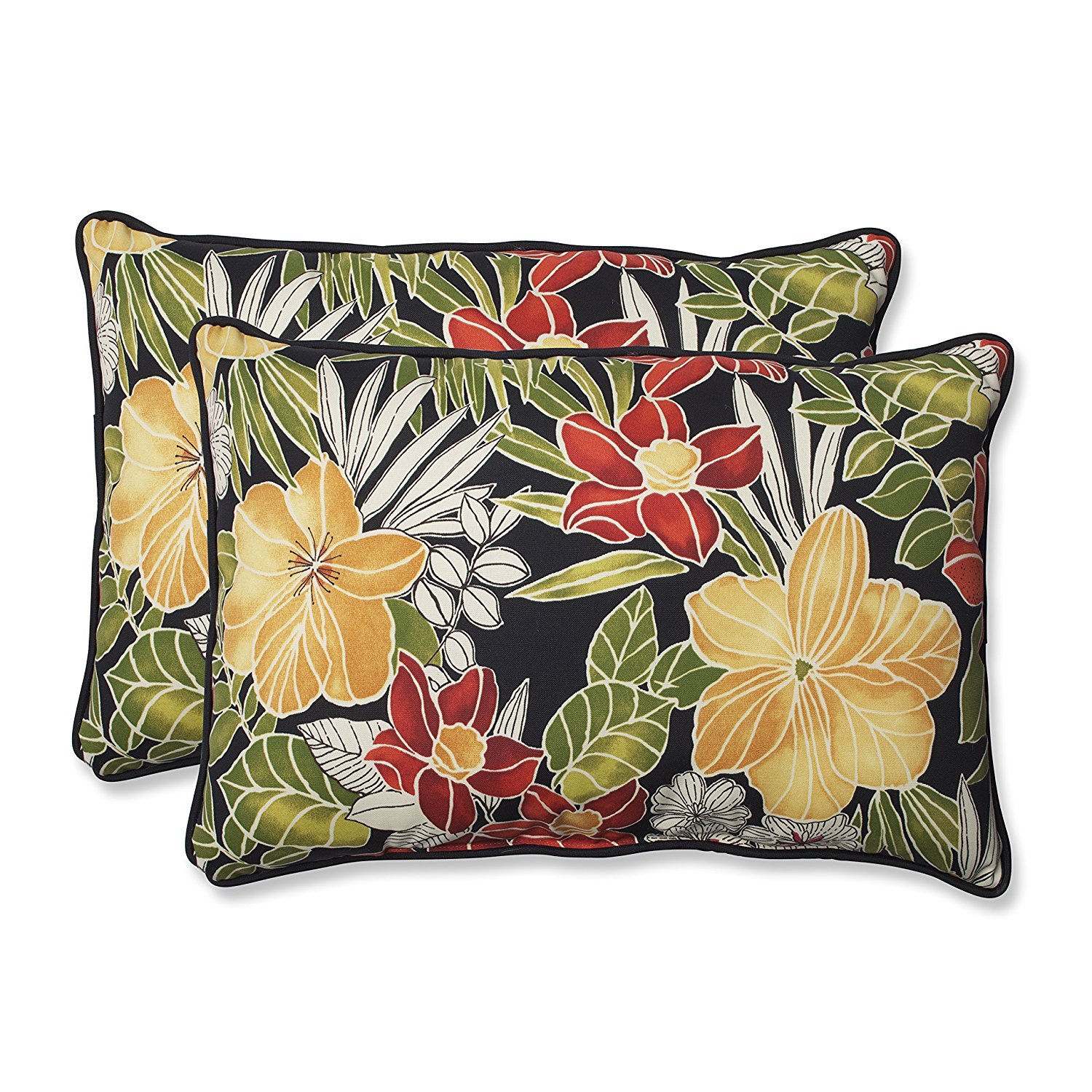 Pillow Perfect Tropic Floral Indoor/Outdoor Accent Throw Pillow, Plush Fill, Weather, and Fade Resistant, Large Lumbar - 16.5" x 24.5", Black/Green Clemens, 2 Count