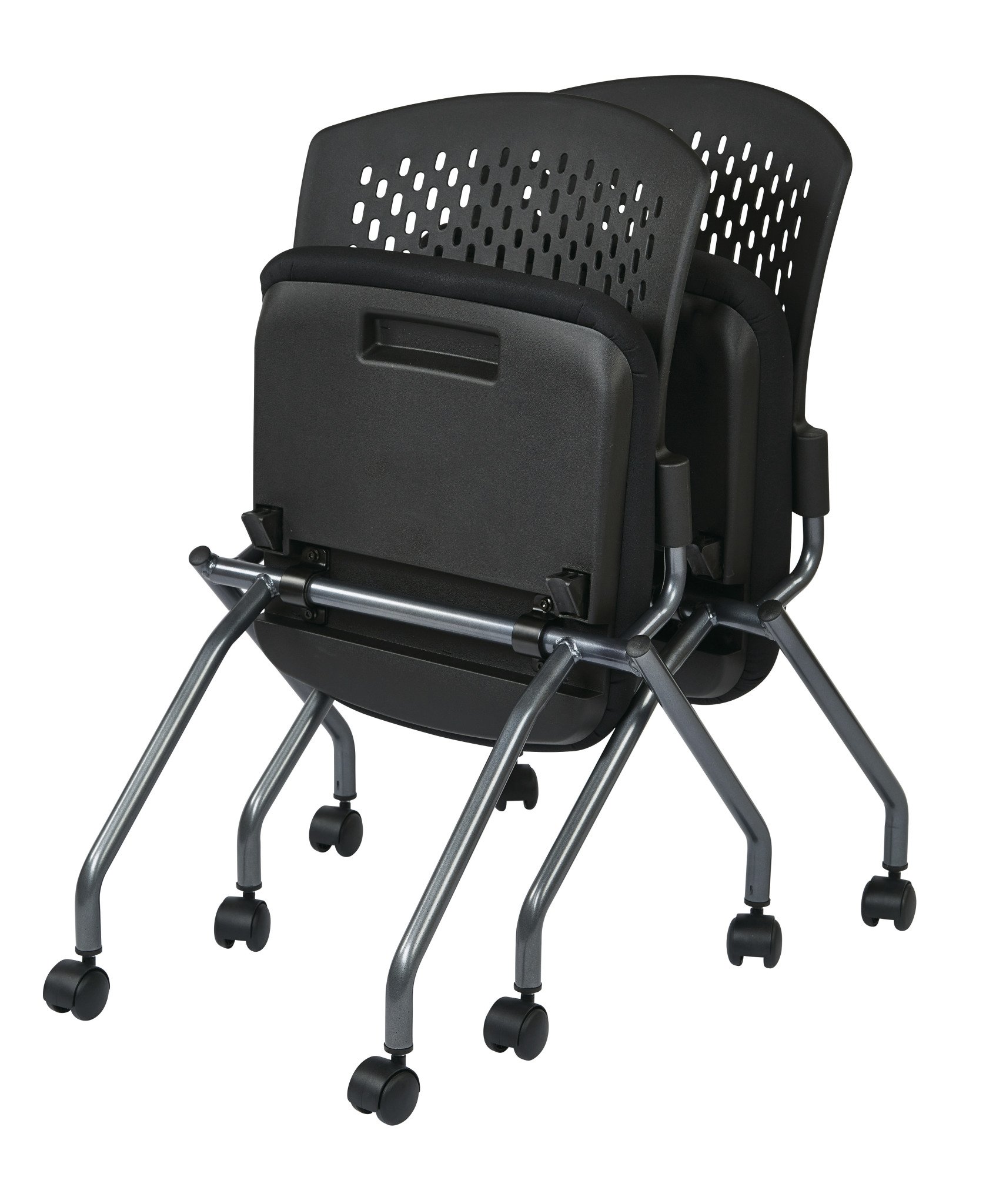 Office Star Deluxe Ventilated Plastic Wrap Around Back Folding Nesting Chair 2 Pack, Coal FreeFlex Fabric