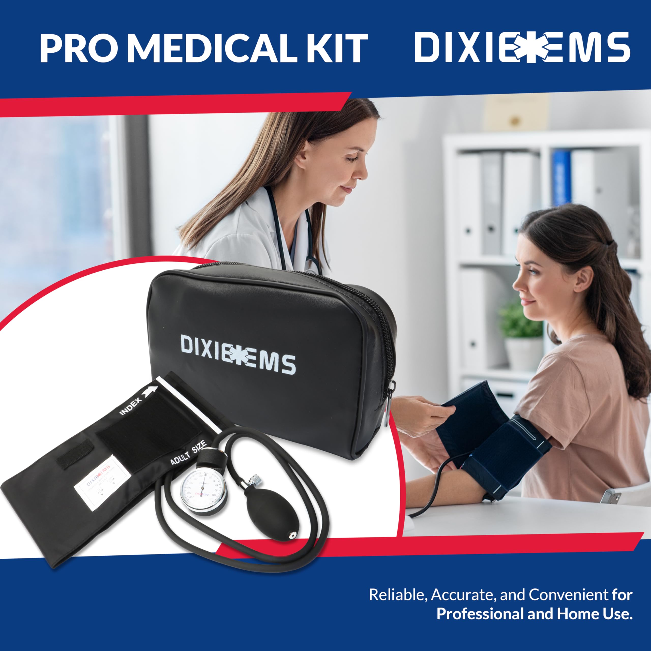 Dixie EMS Deluxe Aneroid Sphygmomanometer Blood Pressure Set W/Adult Cuff, Carrying Case and Calibration Tool - Black