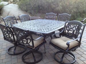 mandalay outdoor patio 9pc dining set dark bronze color cast aluminum (premium fabric cushions)