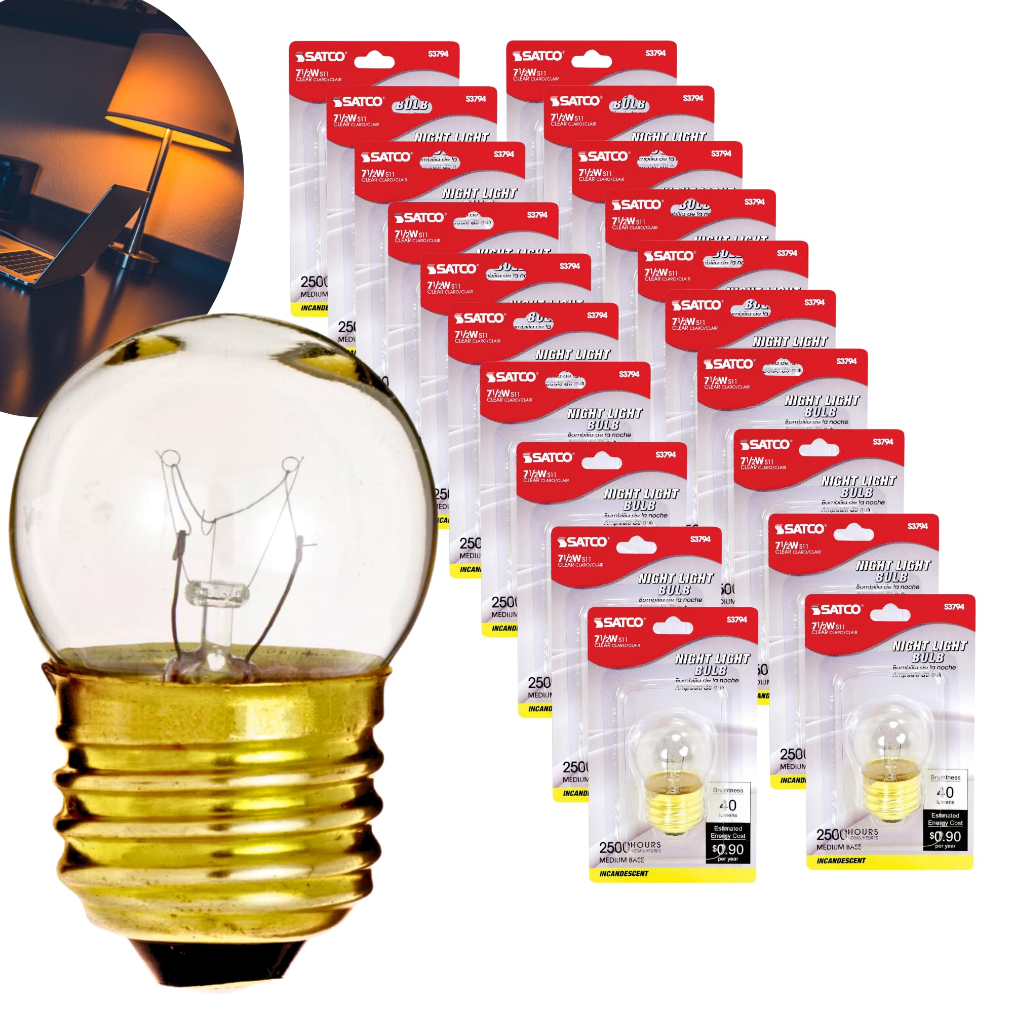 Satco S3794 7.5 Watt S11 Incandescent Bulb – Clear, Medium Base, 2700K Warm White, 40 Lumens - 20 Pack