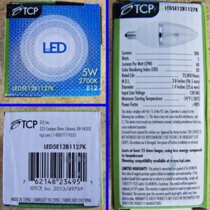 (Case of 6) TCP LED5E12B1127K 5-Watt LED E12 Chandelier Base 2700K Dimmable Lamp - Blunt Tip