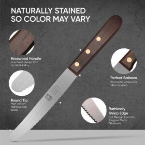 ICEL Steak Knives – Serrated Steak Knife with Rounded Tip – Serrated Knife with High Carbon Steel Blade and Rosewood Handle – Kitchen Knives for Party, Restaurant, Dinner