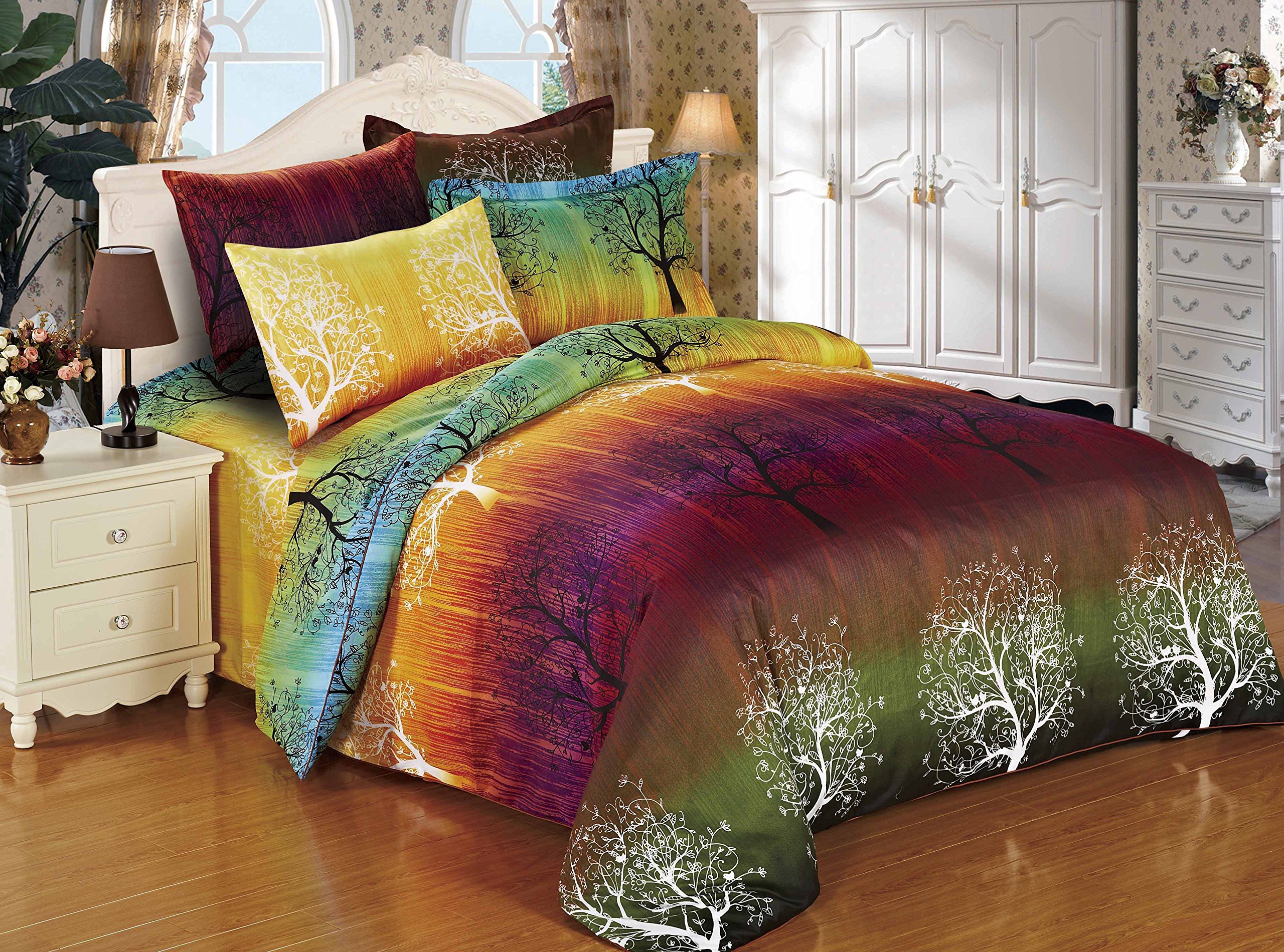 Swanson Beddings 4pc Rainbow Tree Duvet Cover Set: Duvet Cover, Fitted Sheet and Two Matching Pillowcases (Queen)