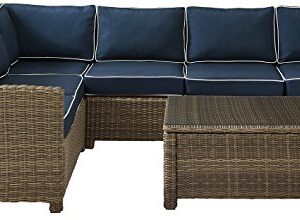 Crosley Furniture Bradenton 5-Piece Outdoor Sectional Sofa Wicker Conversation Patio Furniture Set for Deck, Brown with Navy Cushions