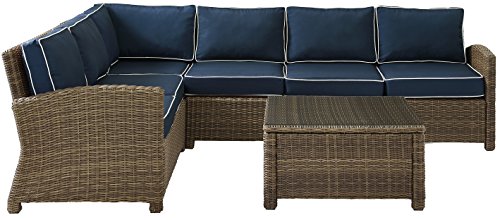 Crosley Furniture Bradenton 5-Piece Outdoor Sectional Sofa Wicker Conversation Patio Furniture Set for Deck, Brown with Navy Cushions