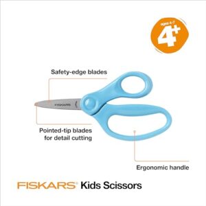 Fiskars 5" Pointed-Tip Scissors for Kids Ages 4-7, Scissors for School or Crafting, Back to School Supplies, Turquoise