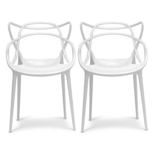 2xhome set of 2 stackable contemporary modern designer plastic dining chairs, open back chairs for indoor or outdoor use, white