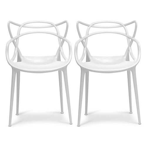 2xhome Set of 2 Stackable Contemporary Modern Designer Plastic Dining Chairs, Open Back Chairs for Indoor or Outdoor Use, White