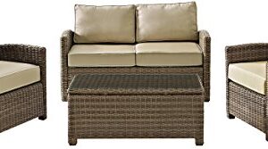 Crosley Furniture Bradenton 4-Piece Outdoor Loveseat Patio Furniture Set, Wicker Conversation Sets for Porch, Brown with Sand Cushions