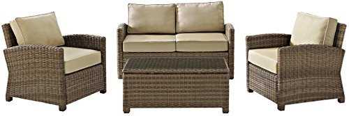 Crosley Furniture Bradenton 4-Piece Outdoor Loveseat Patio Furniture Set, Wicker Conversation Sets for Porch, Brown with Sand Cushions