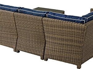 Crosley Furniture Bradenton 5-Piece Outdoor Sectional Sofa Wicker Conversation Patio Furniture Set for Deck, Brown with Navy Cushions