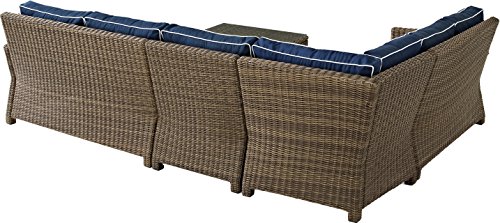 Crosley Furniture Bradenton 5-Piece Outdoor Sectional Sofa Wicker Conversation Patio Furniture Set for Deck, Brown with Navy Cushions