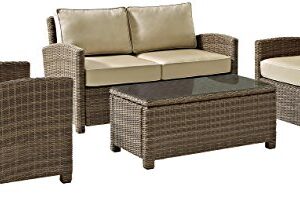 Crosley Furniture Bradenton 4-Piece Outdoor Loveseat Patio Furniture Set, Wicker Conversation Sets for Porch, Brown with Sand Cushions