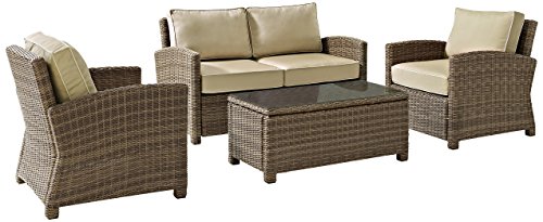 Crosley Furniture Bradenton 4-Piece Outdoor Loveseat Patio Furniture Set, Wicker Conversation Sets for Porch, Brown with Sand Cushions