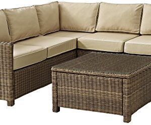 Crosley Furniture Bradenton 4-Piece Outdoor Sectional Sofa Wicker Conversation Patio Furniture Set for Deck, Brown with Sand Cushions