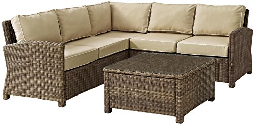 Crosley Furniture Bradenton 4-Piece Outdoor Sectional Sofa Wicker Conversation Patio Furniture Set for Deck, Brown with Sand Cushions