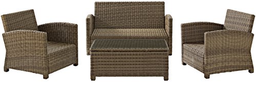 Crosley Furniture Bradenton 4-Piece Outdoor Loveseat Patio Furniture Set, Wicker Conversation Sets for Porch, Brown with Sand Cushions