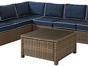 Crosley Furniture Bradenton 5-Piece Outdoor Sectional Sofa Wicker Conversation Patio Furniture Set for Deck, Brown with Navy Cushions