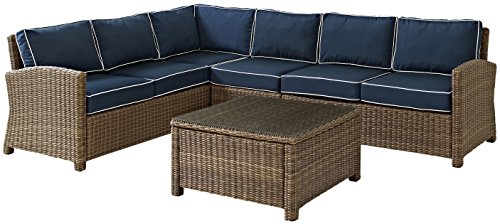 Crosley Furniture Bradenton 5-Piece Outdoor Sectional Sofa Wicker Conversation Patio Furniture Set for Deck, Brown with Navy Cushions