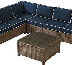 Crosley Furniture Bradenton 5-Piece Outdoor Sectional Sofa Wicker Conversation Patio Furniture Set for Deck, Brown with Navy Cushions