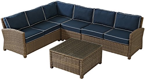 Crosley Furniture Bradenton 5-Piece Outdoor Sectional Sofa Wicker Conversation Patio Furniture Set for Deck, Brown with Navy Cushions