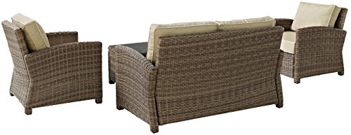 Crosley Furniture Bradenton 4-Piece Outdoor Loveseat Patio Furniture Set, Wicker Conversation Sets for Porch, Brown with Sand Cushions