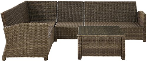 Crosley Furniture Bradenton 5-Piece Outdoor Sectional Sofa Wicker Conversation Patio Furniture Set for Deck, Brown with Navy Cushions