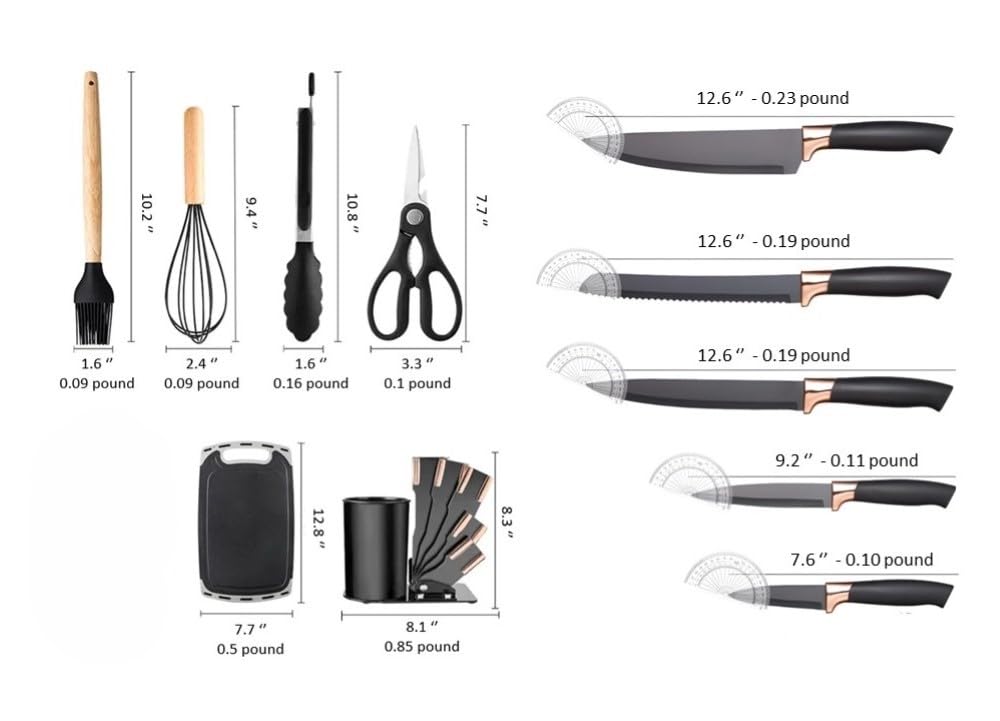 Kitchen Cooking Utensils Set, 19 pcs Non-Stick Silicone Cooking Utensils and Knife Sets with Holder,Ultra sharp Chef knives, Scissors and Cutting Board,Heat Resistant,Turner, Spatula,Wooden Handle