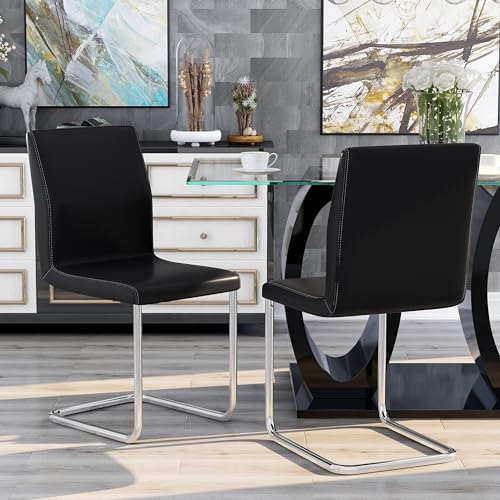 Furniture of America Quezon Set of 2 Modern Leatherette Dining, Upholstered Chrome Legs for Kitchen, Dinnites, Living Room Accent Chair, 35.5" x 17.75" x 21", Black