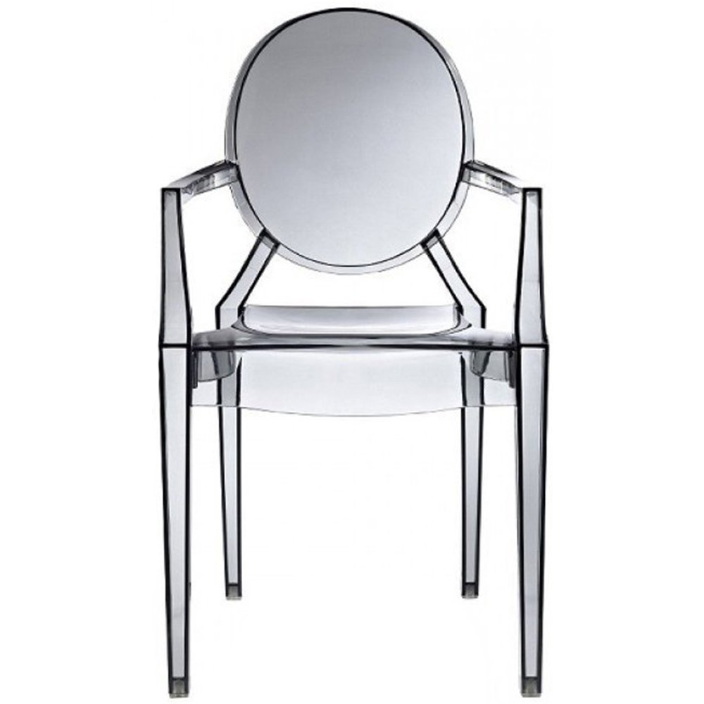 2xhome Smoke - Modern Contemporary Louis XIV Dining Chair Armchair Ghost Style Ghost Chair with Arms Ghost Arm Chair in Smoke Transparent Stackable Stacking Made From Polycarbonate