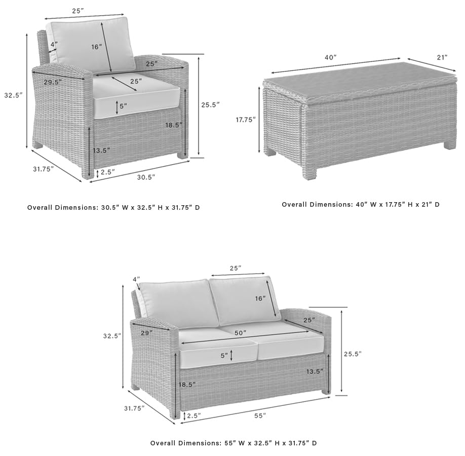 Crosley Furniture Bradenton 4-Piece Outdoor Loveseat Patio Furniture Set, Wicker Conversation Sets for Porch, Brown with Sand Cushions