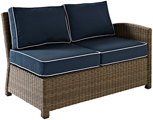 Crosley Furniture Bradenton 5-Piece Outdoor Sectional Sofa Wicker Conversation Patio Furniture Set for Deck, Brown with Navy Cushions