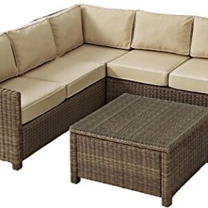 Crosley Furniture Bradenton 4-Piece Outdoor Sectional Sofa Wicker Conversation Patio Furniture Set for Deck, Brown with Sand Cushions