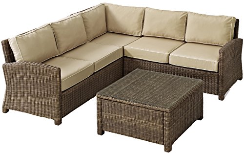 Crosley Furniture Bradenton 4-Piece Outdoor Sectional Sofa Wicker Conversation Patio Furniture Set for Deck, Brown with Sand Cushions