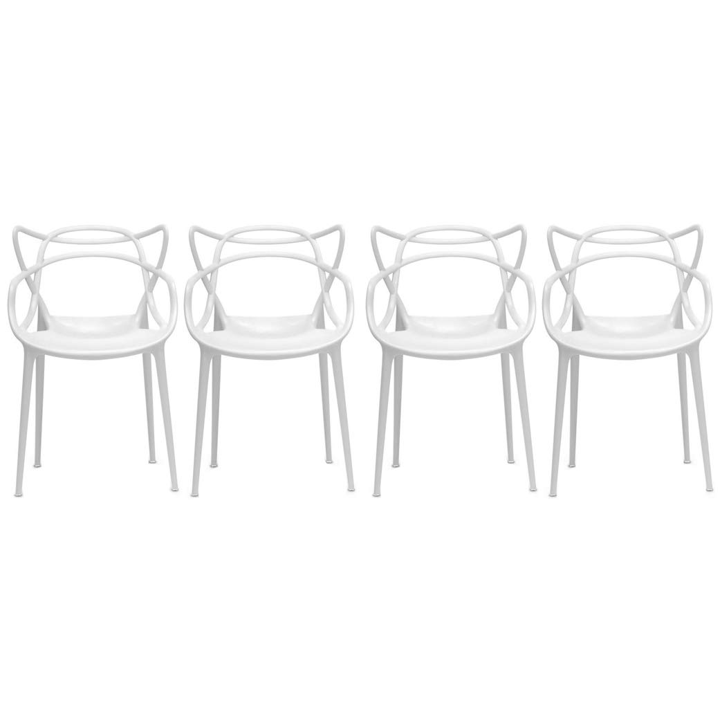 2xhome Set of 4 White Stackable Contemporary Modern Designer Plastic Chairs with Arms Open Back Armchairs for Kitchen Dining Chair Outdoor Patio Bedroom Accent Patio Balcony Office Work Garden Home