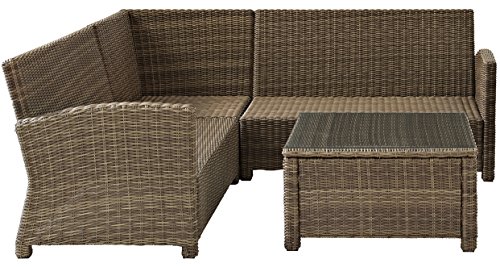 Crosley Furniture Bradenton 4-Piece Outdoor Sectional Sofa Wicker Conversation Patio Furniture Set for Deck, Brown with Sand Cushions