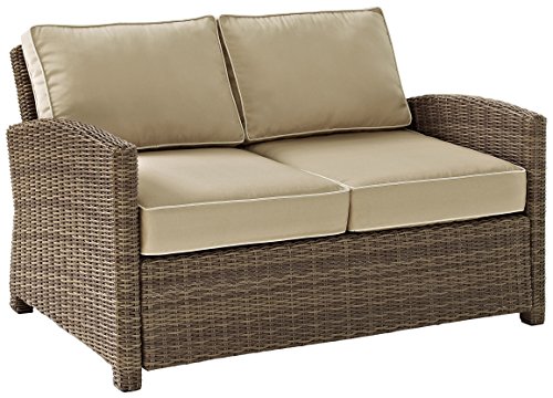 Crosley Furniture Bradenton 4-Piece Outdoor Loveseat Patio Furniture Set, Wicker Conversation Sets for Porch, Brown with Sand Cushions