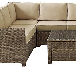 Crosley Furniture Bradenton 4-Piece Outdoor Sectional Sofa Wicker Conversation Patio Furniture Set for Deck, Brown with Sand Cushions