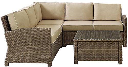 Crosley Furniture Bradenton 4-Piece Outdoor Sectional Sofa Wicker Conversation Patio Furniture Set for Deck, Brown with Sand Cushions