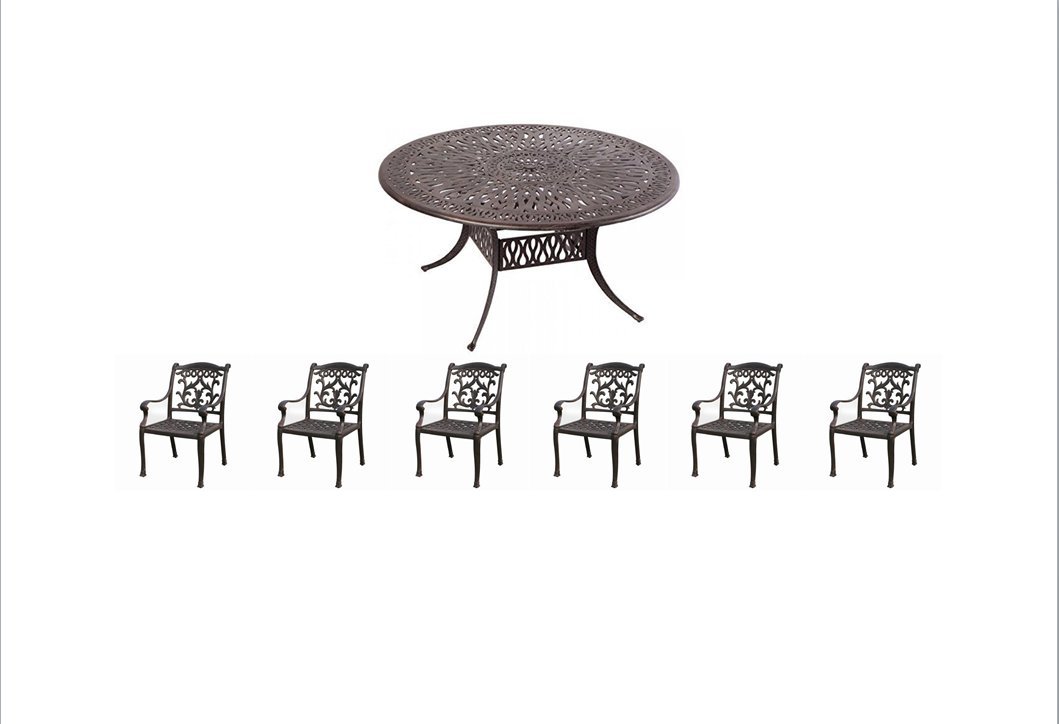 Mandalay Outdoor Patio 7pc Dining Table Dark Bronze Color Cast Aluminum (Walnut)