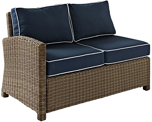 Crosley Furniture Bradenton 5-Piece Outdoor Sectional Sofa Wicker Conversation Patio Furniture Set for Deck, Brown with Navy Cushions