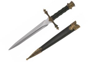 wuu jau co h-5924 medieval dagger with golden handle crown design at top, 16"